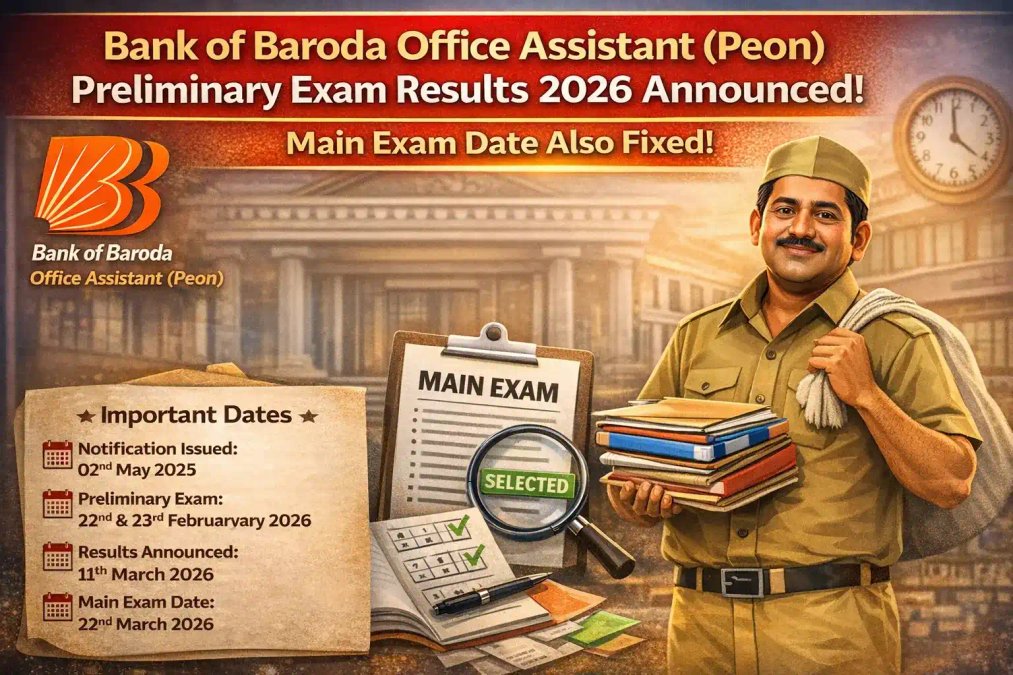 ಬ್ಯಾಂಕ್ ಆಫ್ ಬರೋಡಾ (BOB) ಆಫೀಸ್ ಅಸಿಸ್ಟೆಂಟ್ (Peon) ಹುದ್ದೆಗಳ ಪ್ರಿಲಿಮಿನರಿ ಪರೀಕ್ಷೆ ಫಲಿತಾಂಶ ಪ್ರಕಟ: ಮುಖ್ಯ ಪರೀಕ್ಷೆ ದಿನಾಂಕ ನಿಗದಿ