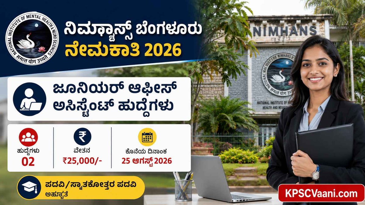 ಬೆಂಗಳೂರು ನಿಮ್ಹಾನ್ಸ್‌ನಲ್ಲಿ ಉದ್ಯೋಗ: ಯಾವುದೇ ಡಿಗ್ರಿ ಪಾಸಾದವರಿಗೆ ₹25,000 ವೇತನದ ಕೆಲಸ! ಇಂದೇ ಅಪ್ಲೈ ಮಾಡಿ.