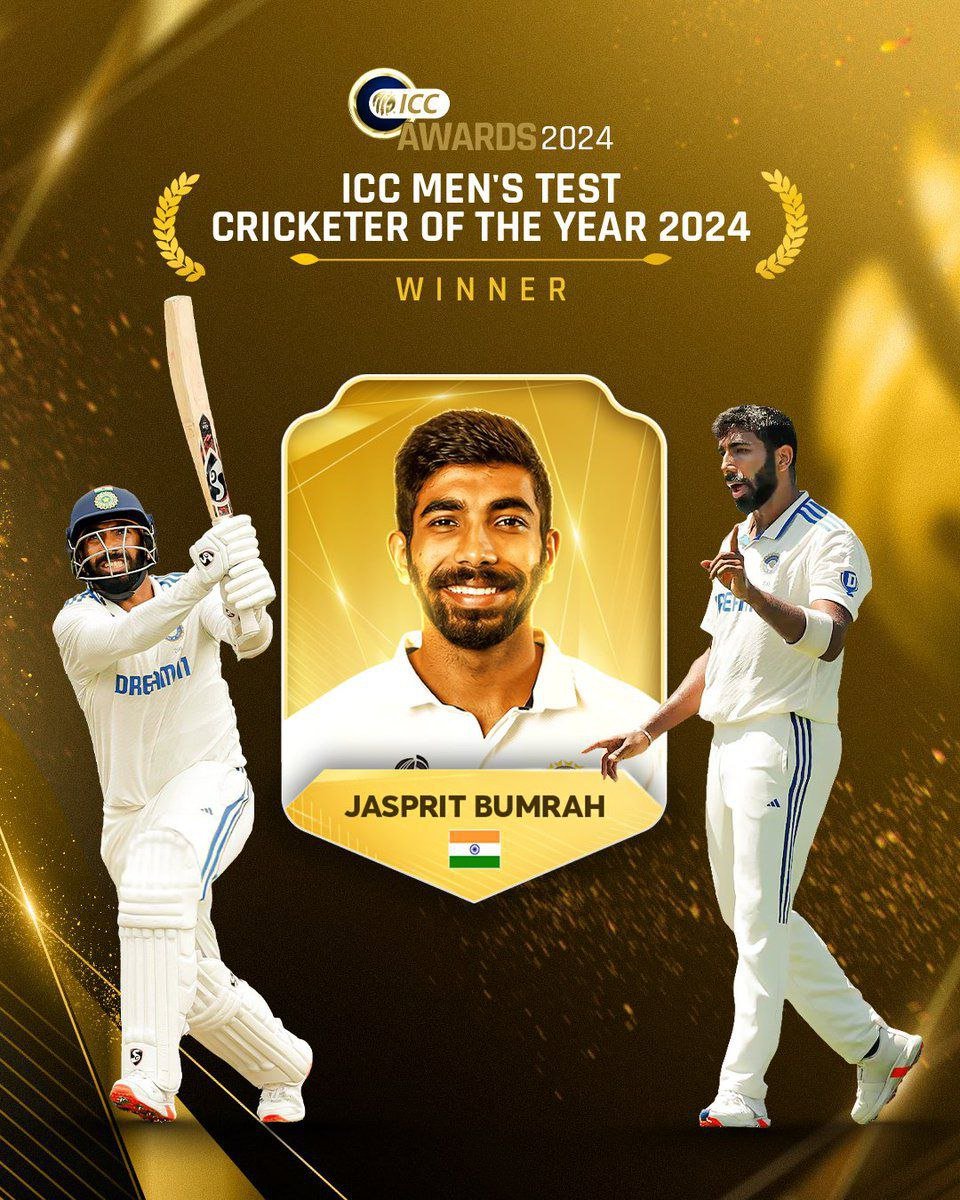 ಜಸ್ಪ್ರೀತ್ ಬುಮ್ರಾಗೆ ಐಸಿಸಿ 2024 ರ ವರ್ಷದ ಟೆಸ್ಟ್ ಕ್ರಿಕೆಟಿಗ ಪ್ರಶಸ್ತಿ!