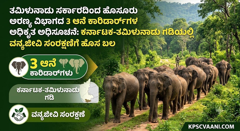 ತಮಿಳುನಾಡು ಸರ್ಕಾರದಿಂದ ಹೊಸೂರು ಅರಣ್ಯ ವಿಭಾಗದ 3 ಆನೆ ಕಾರಿಡಾರ್‌ಗಳ ಅಧಿಕೃತ ಅಧಿಸೂಚನೆ: ಕರ್ನಾಟಕ-ತಮಿಳುನಾಡು ಗಡಿಯಲ್ಲಿ ವನ್ಯಜೀವಿ ಸಂರಕ್ಷಣೆಗೆ ಹೊಸ ಬಲ