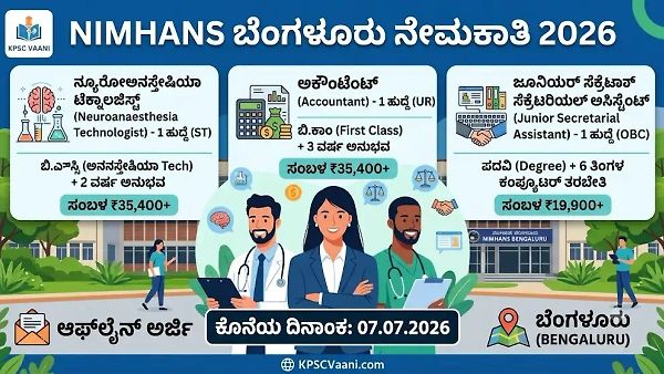 ಕೇಂದ್ರ ಸರ್ಕಾರಿ ಉದ್ಯೋಗ: ಬೆಂಗಳೂರಿನ NIMHANS ನಲ್ಲಿ ಅಕೌಂಟೆಂಟ್, ಅಸಿಸ್ಟೆಂಟ್ ನೇಮಕಾತಿ; ಜುಲೈ 7 ರೊಳಗೆ ಅರ್ಜಿ ಸಲ್ಲಿಸಿ