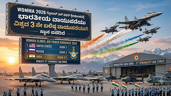 WDMMA 2026 ಗ್ಲೋಬಲ್ ಏರ್ ಪವರ್ ಶ್ರೇಯಾಂಕದಲ್ಲಿ ಭಾರತೀಯ ವಾಯುಪಡೆಯು ವಿಶ್ವದ 3 ನೇ ಬಲಿಷ್ಠ ವಾಯುಪಡೆಯಾಗಿ ಸ್ಥಾನ ಪಡೆದಿದೆ