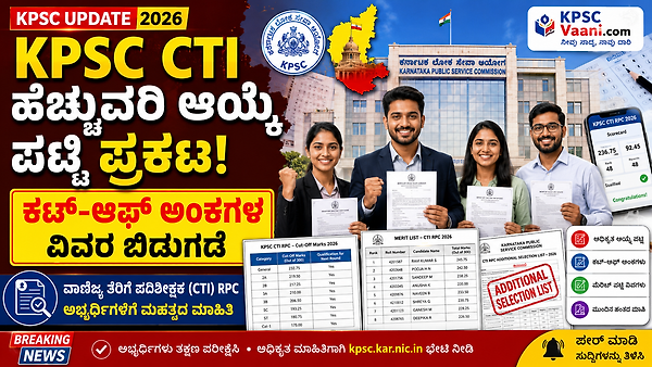 KPSC ವಾಣಿಜ್ಯ ತೆರಿಗೆ ಪರಿವೀಕ್ಷಕ(CTI) RPC ಹೆಚ್ಚುವರಿ ಆಯ್ಕೆ ಪಟ್ಟಿ ಪ್ರಕಟ: ಇಲ್ಲಿದೆ ಕಟ್-ಆಫ್ ಅಂಕಗಳ ವಿವರ